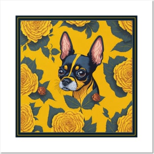 Dogs, Toy Terrier and flowers, dog, seamless print, style vector (yellow flowers & Toy Terrier #2) Posters and Art